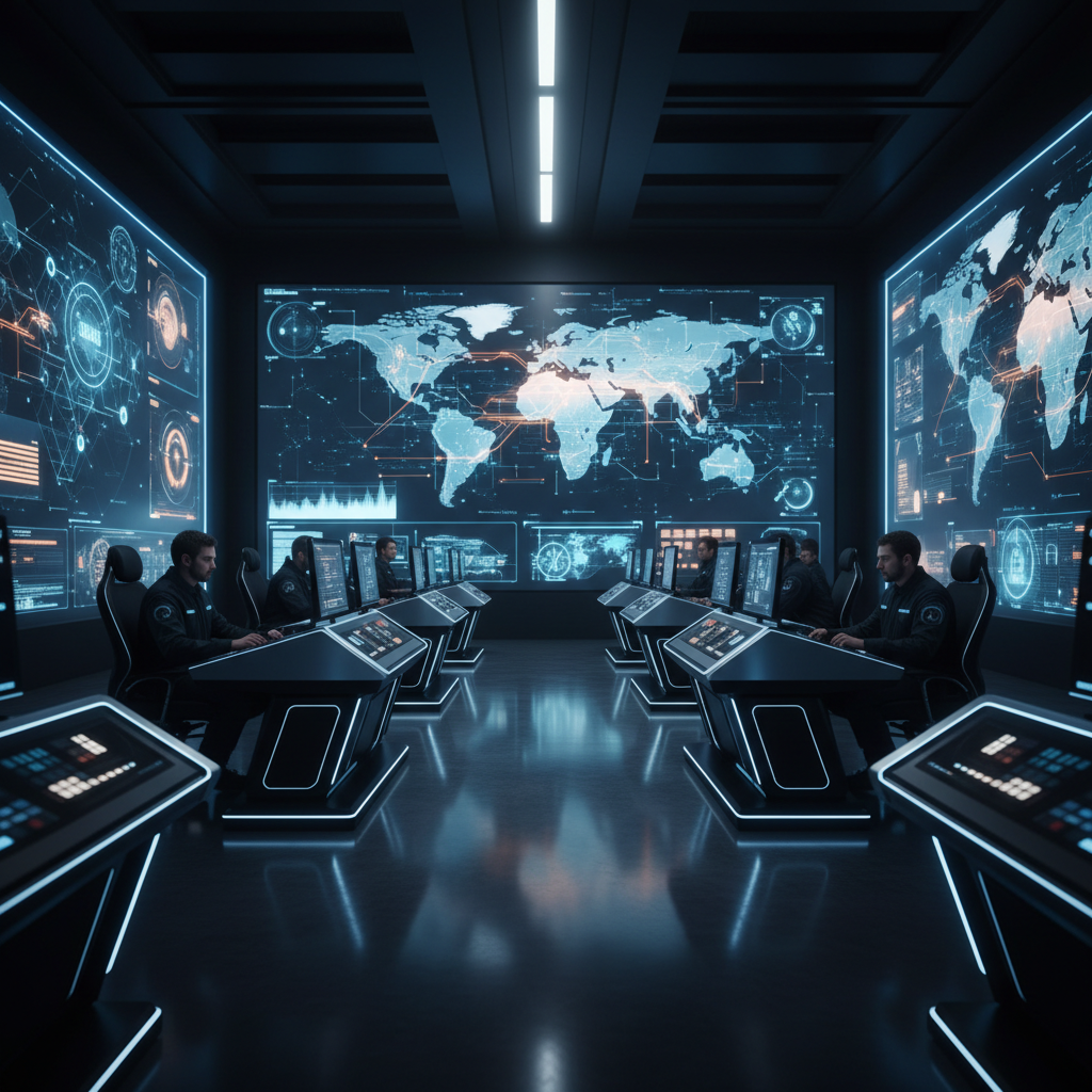 A high-tech digital control room dedicated to campaign optimization, filled with large wall-mounted screens showing abstracted maps, glowing connection lines, and blurred performance indicators with no legible numbers or words. Sleek black and brushed aluminum consoles sit in the foreground, their surfaces reflecting subtle blue and white LED accents. The lighting is low overall, with the screens providing most of the illumination, casting a cool glow and intricate reflections. Shot from a wide, cinematic angle with strong depth, this photographic image feels dynamic, analytical, and intensely focused on performance-driven advertising.