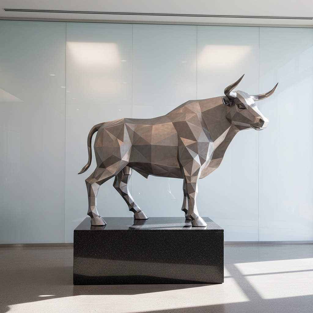 An imposing yet elegant metallic bull sculpture, stylized with clean geometric lines and a brushed steel texture, stands on a polished dark stone pedestal in a minimalist office lobby. Behind it, a large frosted glass wall subtly reflects the form of the bull without any visible text or logos. Soft daylight filters in from unseen windows, creating gentle highlights along the sculpture’s contours and soft shadows on the floor. Captured at eye level with a slightly off-center composition, the image feels powerful, stable, and professional, symbolizing strength and resilience for a Singapore-based advertising firm.