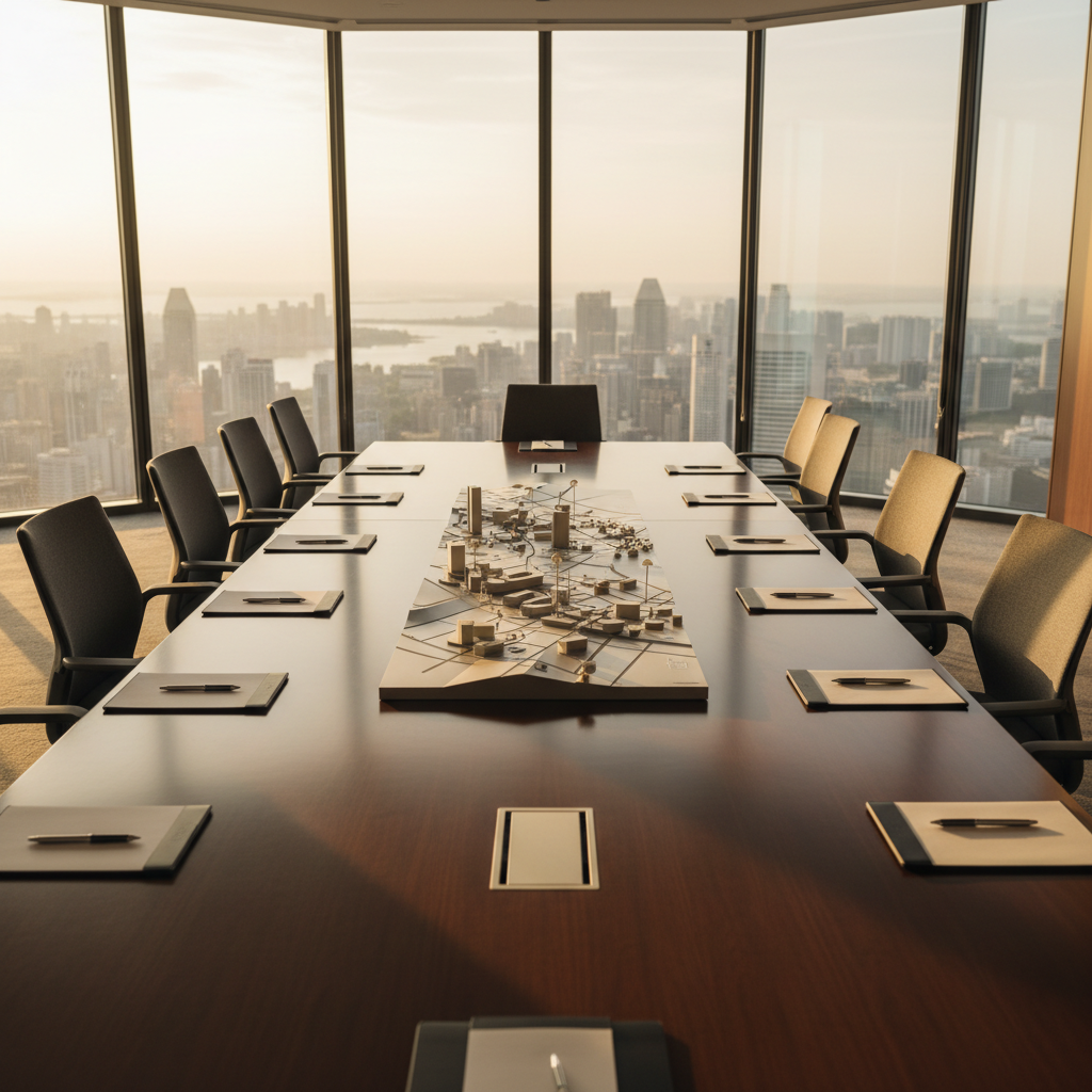 A sophisticated conference setting in a glass-walled boardroom high above Singapore, featuring a long dark wood table with a subtle satin finish, surrounded by empty ergonomic chairs. On the table are neatly aligned digital tablets and blank notepads, alongside a minimalist scale model of an urban district used for campaign planning. Late afternoon natural light streams through the windows, producing warm highlights and elongated shadows across the tabletop. The camera is positioned at table height, looking down the length of the room to emphasize depth and professionalism. Photographic realism with a calm, strategic atmosphere, ideal for showcasing collaborative advertising planning without depicting people.