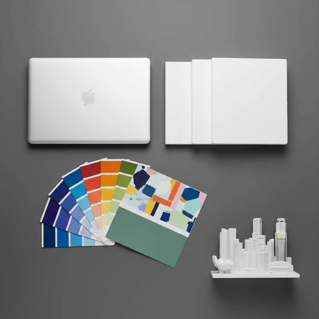 A meticulously arranged flat lay of advertising strategy tools on a smooth charcoal-grey desk: a closed silver laptop, a neatly stacked set of blank white presentation boards, color swatches, and glossy print mockups with abstract patterns but no readable text. A small architectural model of Singapore’s skyline in matte white sits at the edge, suggesting location without dominating the frame. Bright, diffused overhead studio lighting creates even illumination with soft, controlled shadows. Photographic realism with a clean, modern aesthetic, shot from directly above for a balanced, rule-of-thirds composition, conveying organization, clarity, and precision in advertising planning.